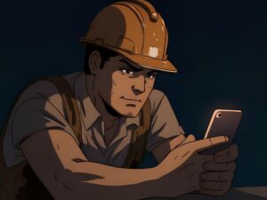 スマホで副業を検索する作業着の男性のイラスト