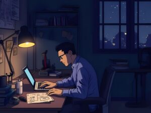 夜にパソコンで作業をする現場作業員の様子