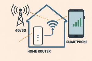 ホームルーターとスマホが、基地局から電波を受け取っている画像