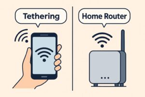 スマホからテザリングしている様子と、ホームルーターからWi-Fiが出ている様子を並べた比較イラスト