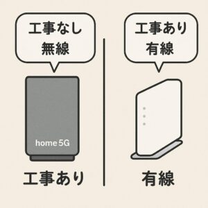 左にhome 5Gのルーター、右に光回線のONU/工事あり・なし、無線・有線の違いを吹き出しで説明/簡単な図解